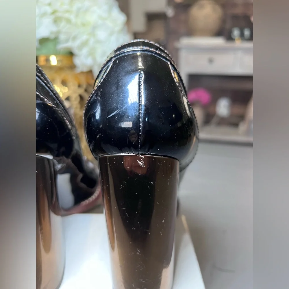 Dolce Gabbana Brown Patent Leather w‎ Gold Penny Loafer Pumps Heels Size 39 - Picture 6 of 12